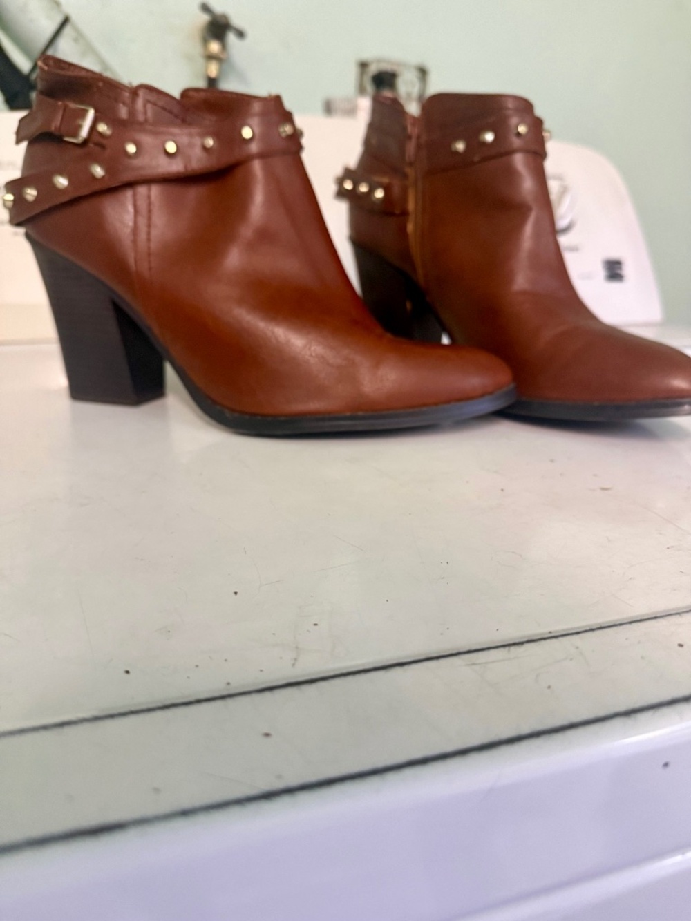 G by Guess Brown Booties with Gold Stud and Belted Detailing